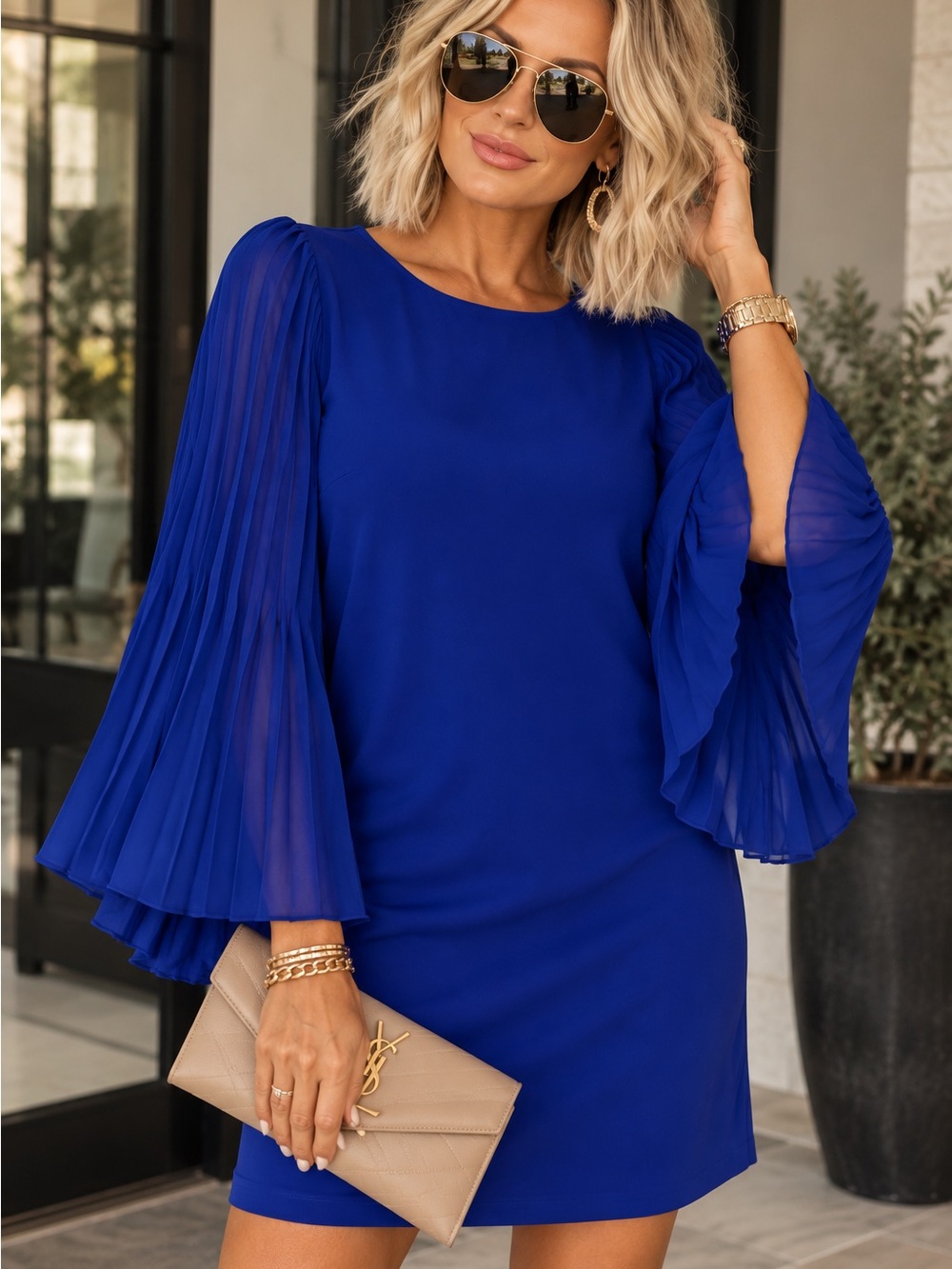 Elegant Cobalt Blue Pleated Bell Sleeve Midi Dress